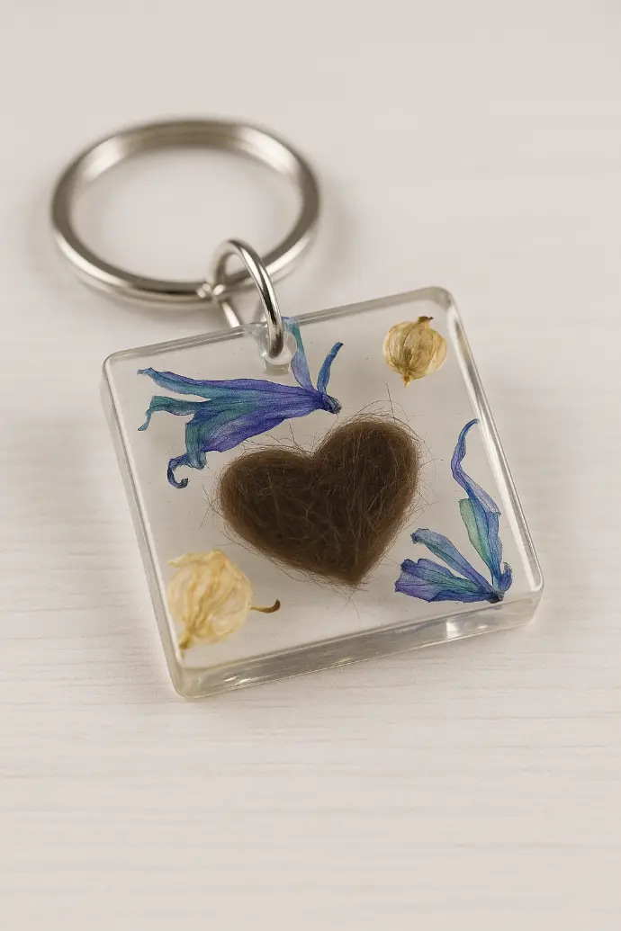 Porte clés carré en résine époxy avec incrustation de poils de chat en forme de coeur et de fleurs violette