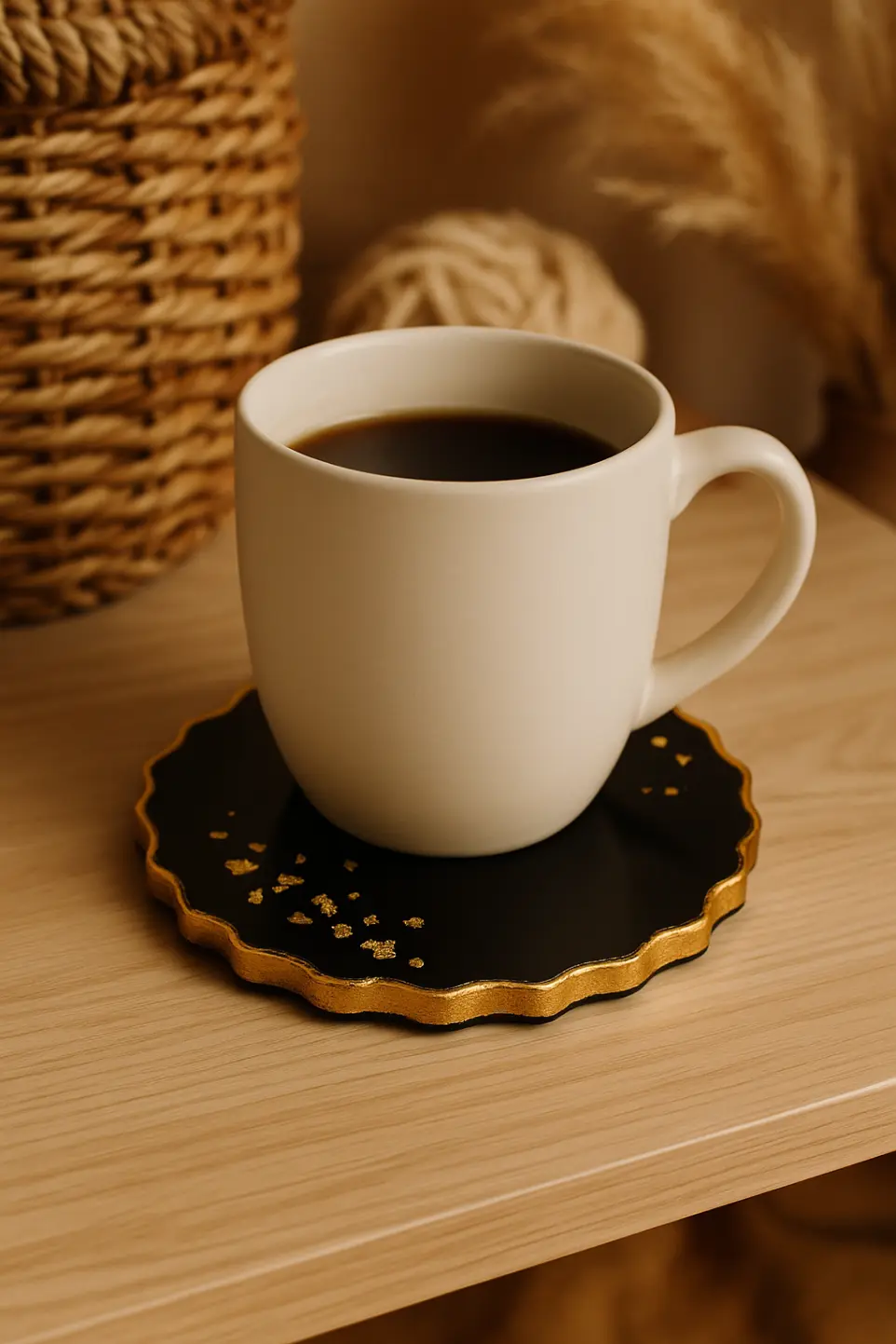 Dessous de verre noir avec une inclusion de feuille d'or, au bord or