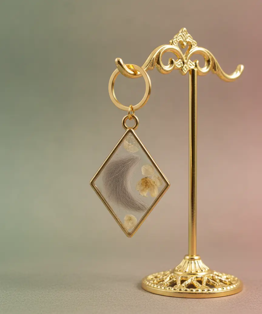 Pendentif mémoriel : cadre en or en forme de losange, avec des poils de chat incrusté en forme de lune et une fleur séché