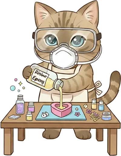 Dessin du chat Popeye entrain de réaliser un moulage à base de résine epoxy.