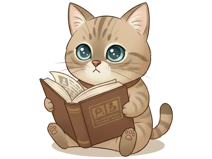 Le chat Popeye assis avec un air interrogatif devant une encyclopédie.