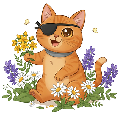 Dessin du chat Hiver entrain de cueillir des paquerettes, millepertuis et des corydales.