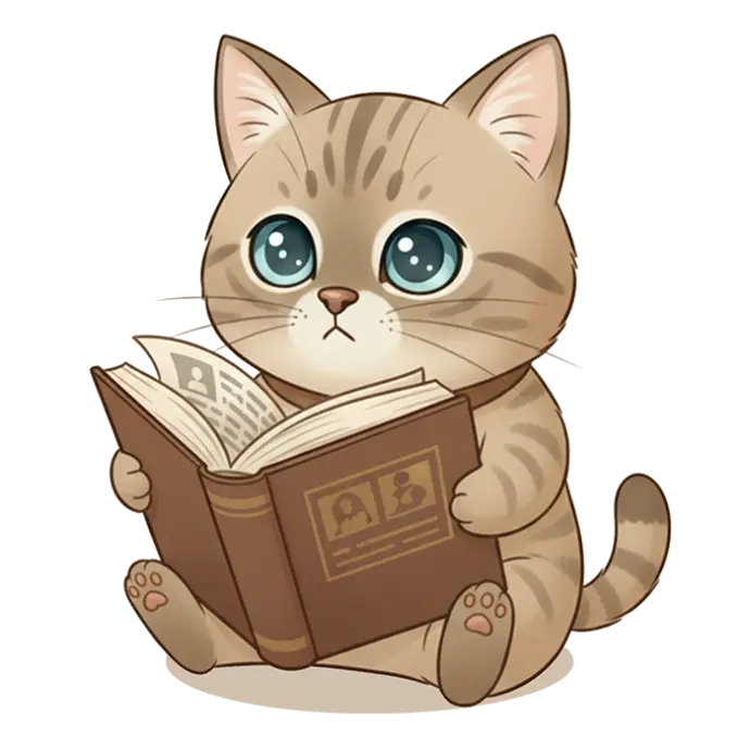 Le chat Popeye assis avec un air interrogatif devant une encyclopédie.