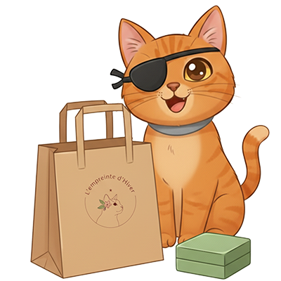 Le chat Hiver se présentant derrière un sac kraft et un écrin.