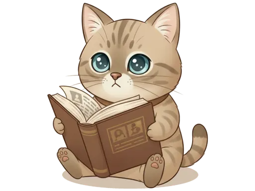 Le chat Popeye assis avec un air interrogatif devant une encyclopédie.